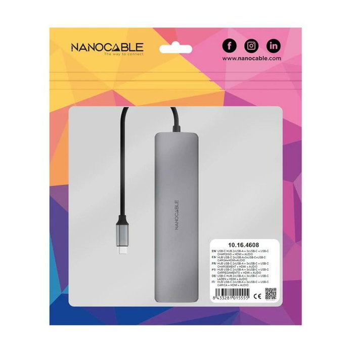 Nanocable Hub USB-C 8 en 1 con HDMI 4K, PD 100W y Jack 3,5 mm - Gris