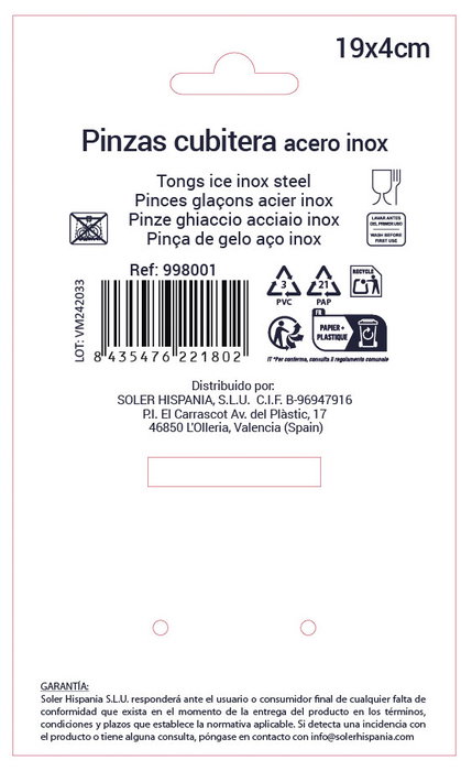 Privilege Pinzas Cubitera 19 cm Acero Inoxidable (36 Unidades)