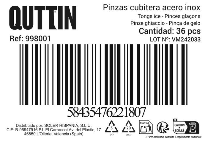Privilege Pinzas Cubitera 19 cm Acero Inoxidable (36 Unidades)