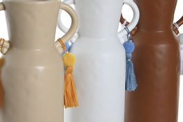 DKD Home Decor Jarrón Boho Beige Terracota Blanco con Flecos Dolomita Algodón 10 x 30 x 13.3 cm (6 Unidades)