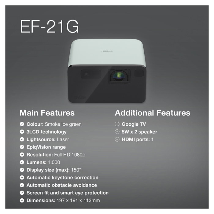 Epson Proyector EF-21G V11HB35340 Negro, Verde