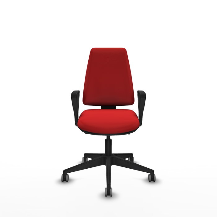 Silla de oficina Elche con mecanismo Asincro tapizada con Similpiel color Rojo. Equipada con Base piramidal negra, Brazos fijos y Ruedas 65 mm parqué