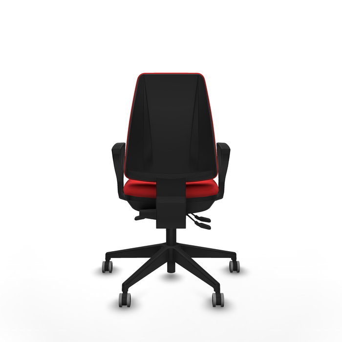 Silla de oficina Elche con mecanismo Asincro tapizada con Similpiel color Rojo. Equipada con Base piramidal negra, Brazos fijos y Ruedas 65 mm parqué