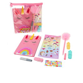Inca Neceser Unicornio Lote 8 pz, Neceser con Cuaderno, Pegatinas, Bolígrafo y Accesorios de Papelería para Niñas