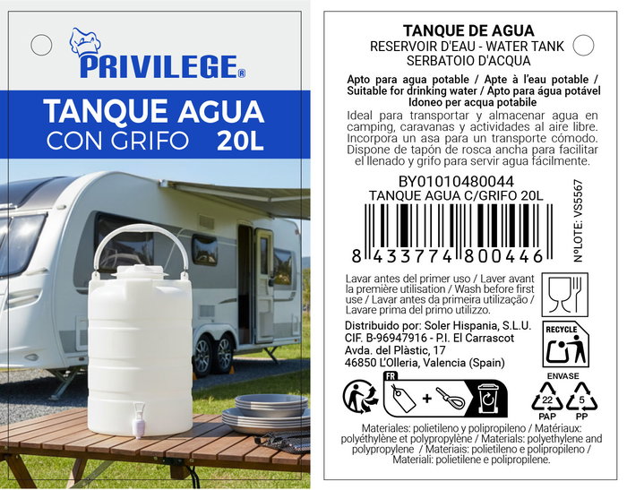 Privilege Tanque de Agua con Grifo 20L (Pack de 2)