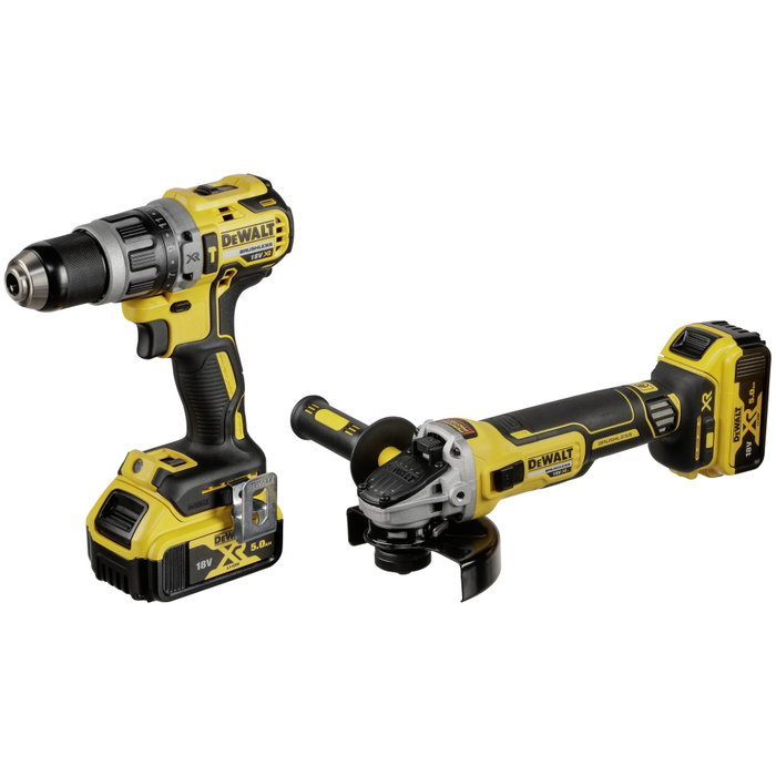 DeWalt Kit de Taladro Percutor DCD796 y Amoladora DCG405 con 2 Baterías de 5.0Ah y Maletín T STAK