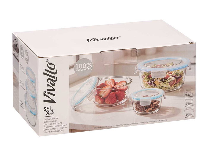 VIVALTO Set de 3 fiambreras herméticas redondas de vidrio