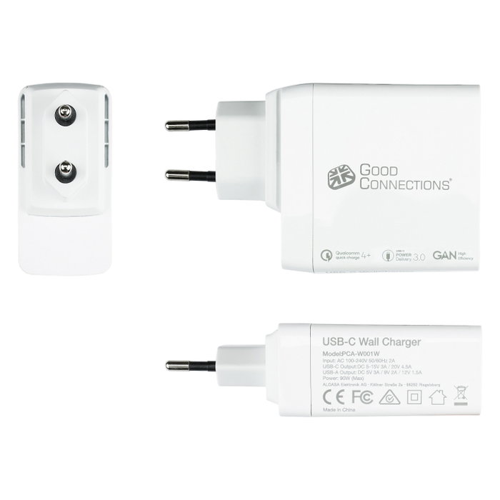 GoodConnections PCA-W001W Cargador USB 100W 3 Puertos QC4+ 2xUSB-C/1xUSB-A con Protección de Energía, Blanco