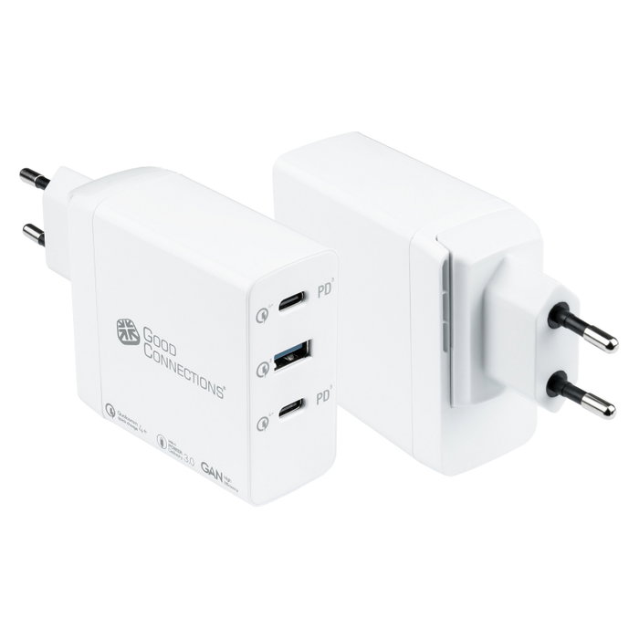 GoodConnections PCA-W001W Cargador USB 100W 3 Puertos QC4+ 2xUSB-C/1xUSB-A con Protección de Energía, Blanco