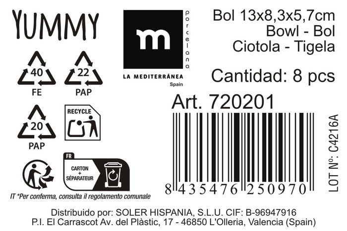 La Mediterranea Bol Blanco "Yummy" 13 x 8.3 x 5.7 cm - Modelo Md (24 Unidades)