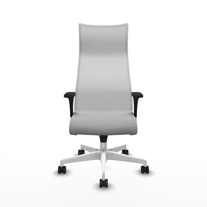 Sillón Albacete con mecanismo Sincro tapizada con Similpiel color Gris claro y malla color Blanco. Equipado con Base poliamida blanca, Brazos 1D y Ruedas 65mm nailon