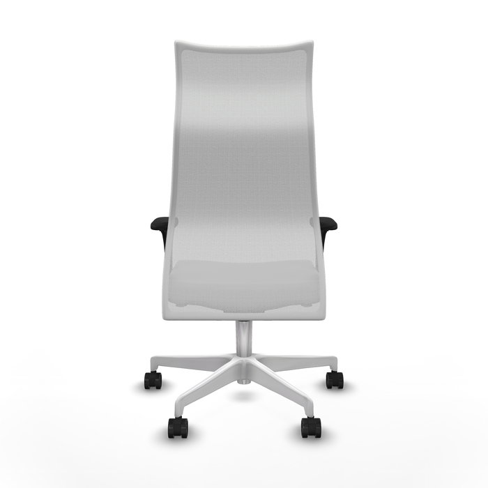 Sillón Albacete con mecanismo Sincro tapizada con Similpiel color Gris claro y malla color Blanco. Equipado con Base poliamida blanca, Brazos 1D y Ruedas 65mm nailon