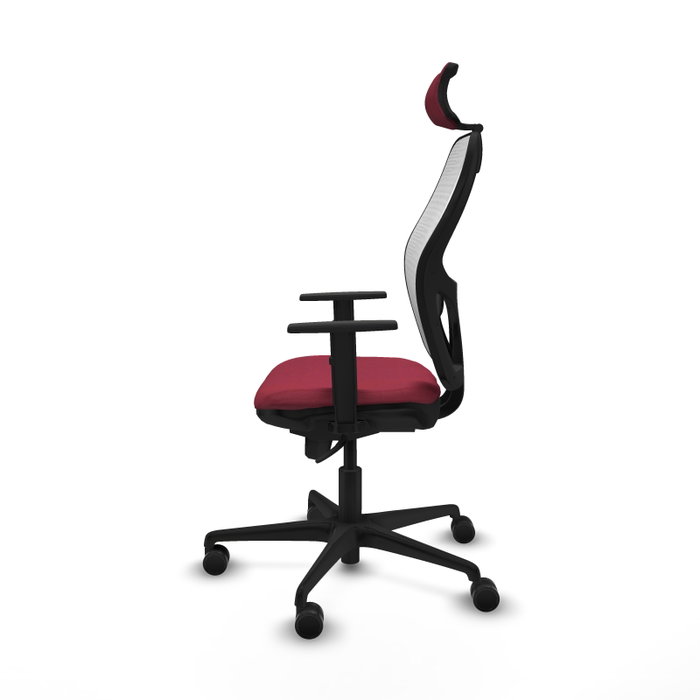 Silla de oficina Jorquera con mecanismo Sincro tapizada con Tela color Granate y malla color Blanco. Equipada con lumbar 1D, Brazos 1D, Cabecero 2D y Ruedas 65mm nailon Silla de oficina Jorquera con mecanismo Sincro tapizada con Tela color Granate y malla color Blanco. Equipada con lumbar 1D, Brazos 1D, Cabecero 2D y Ruedas 65mm nailon