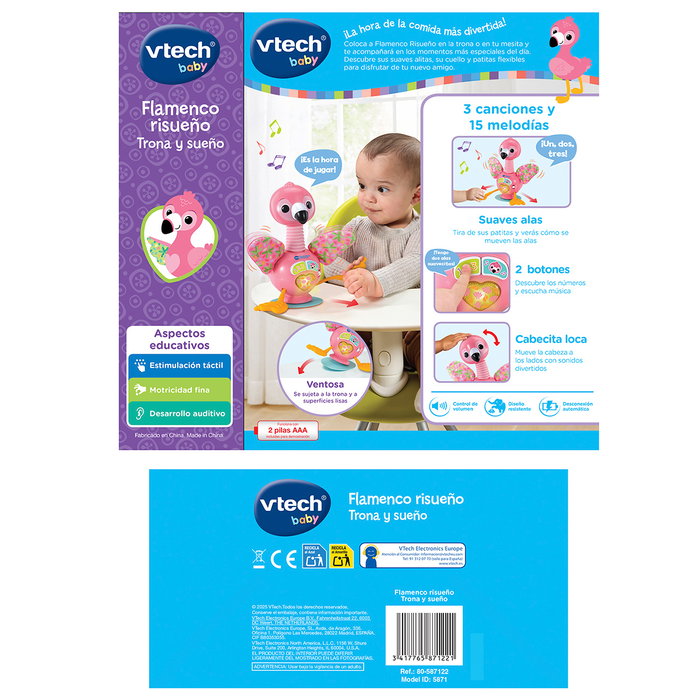V-Tech Flamenco Risueño Trona Y Sueño Juguete Interactivo para Bebé +6 Meses con Sonidos, Luces y Ventosa, 80-587122