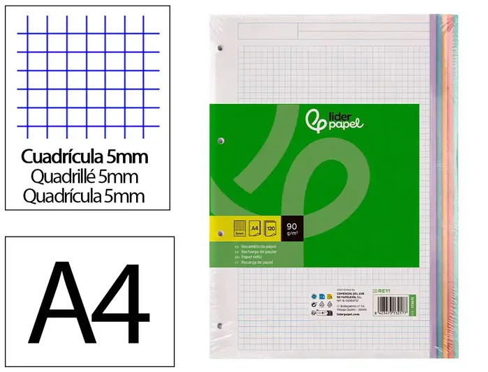 Liderpapel Recambio A4 120 Hojas Cuadro 5 mm Colores Pasteles Liderpapel Recambio A4 120 Hojas Cuadro 5 mm Colores Pasteles