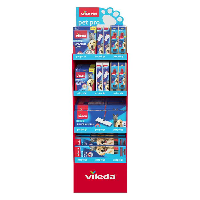 Vileda Expositor Gama Pet Pro - Kit Profesional Limpieza Mascotas: Toallas MF, Rodillo, Cepillo, Mopa Flip Mop (Ref. 77757, 77756, 77754, 77753, 77689, 77640) - 73 Unidades