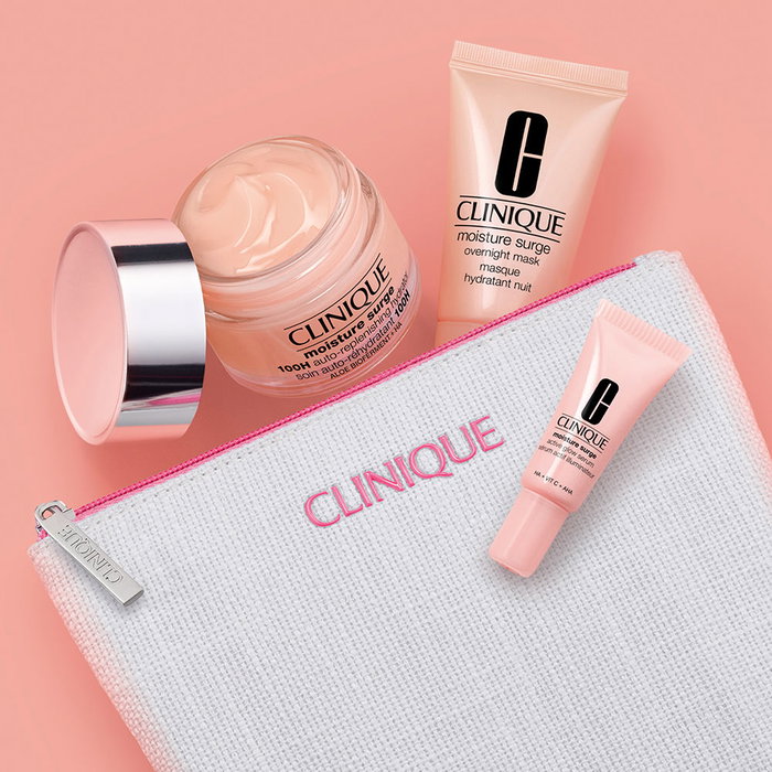 Clinique Moisture Surge 100-Hour Auto-Replenishing Hydrator - Set de 4 pzas: Gel-Crema 50ml, Mascarilla 30ml, Sérum 5ml + Neceser