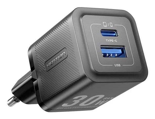 Vention FEQB0-EU Cargador de Pared GaN 30W con 2 Puertos USB-C y USB-A, Color Negro Vention FEQB0-EU Cargador de Pared GaN 30W con 2 Puertos USB-C y USB-A, Color Negro