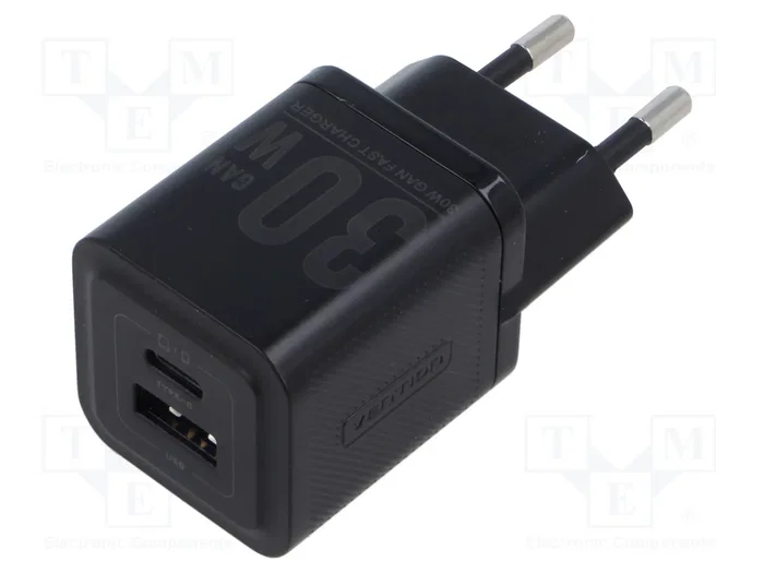Vention Cargador de Pared GaN 30W USB-C y USB-A Negro FEQB0-EU