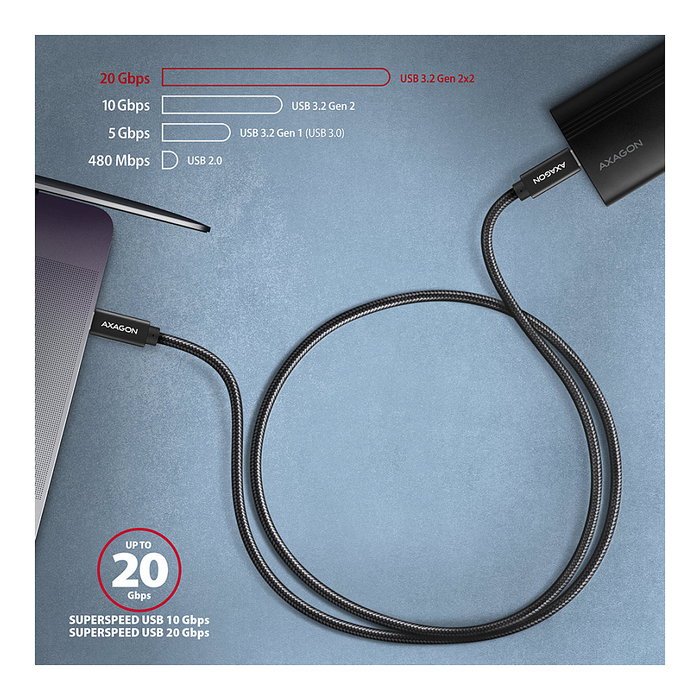 Axagon BUCM32-CM20AB Cable USB-C 3.2 Gen 2 a USB-C 3.2 Gen 2, 2m, negro