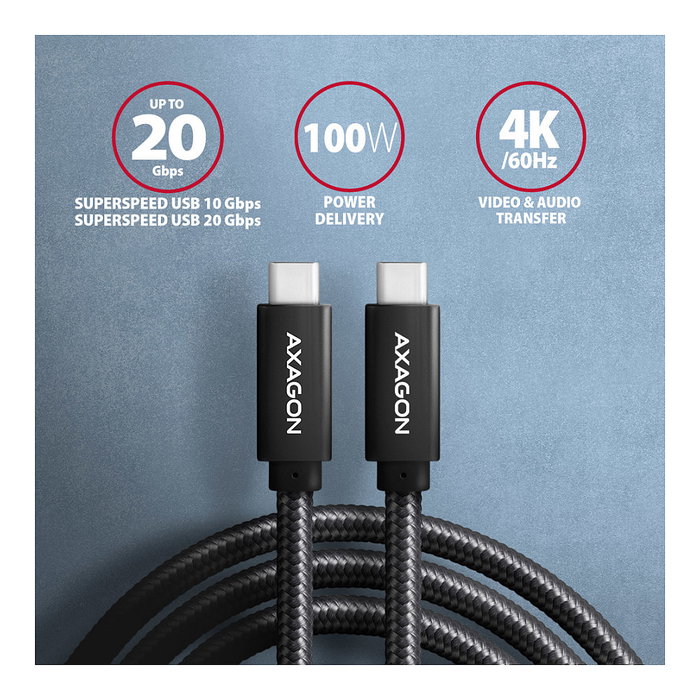 Axagon BUCM32-CM20AB Cable USB-C 3.2 Gen 2 a USB-C 3.2 Gen 2, 2m, negro