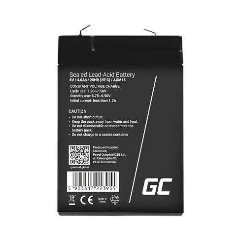 Green Cell AGM15 Batería Sealed Lead Acid 6V 4Ah Negro