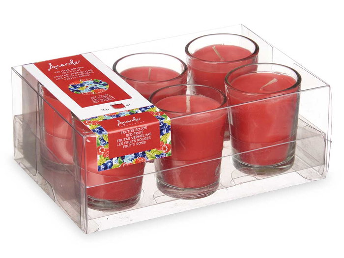 Acorde Set 6 Velas Vaso Vidrio Frutos Rojos 16x11x6.5 cm (Set de 12)