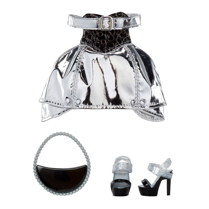 MGA Muñeca Shadow High - Luna Madison 570592, diseño único con vestido gris metálico, pelo liso con moños