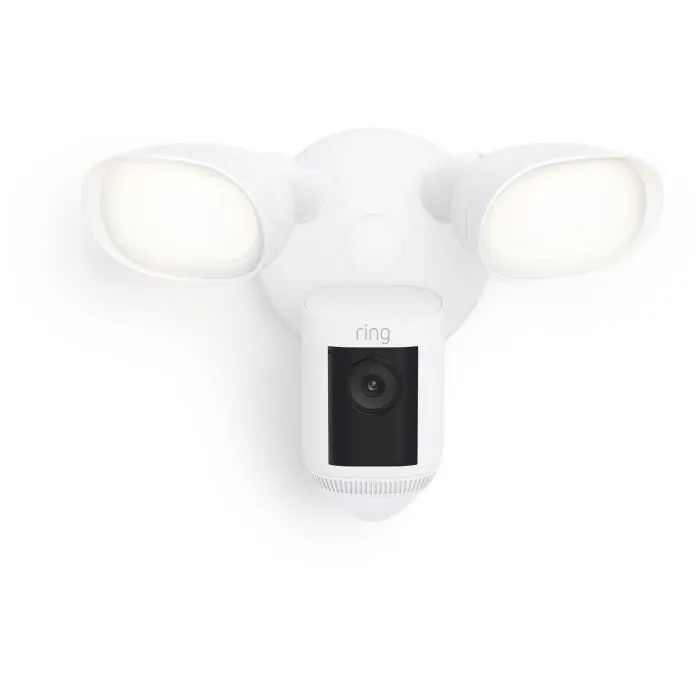 Ring Spotlight Cam Pro Wired - Cámara de Seguridad Exterior IP65, 2K (1080p), Visión Nocturna, Wi-Fi, Luz y Sirena Integradas, Blanca, Montaje en Techo/Pared