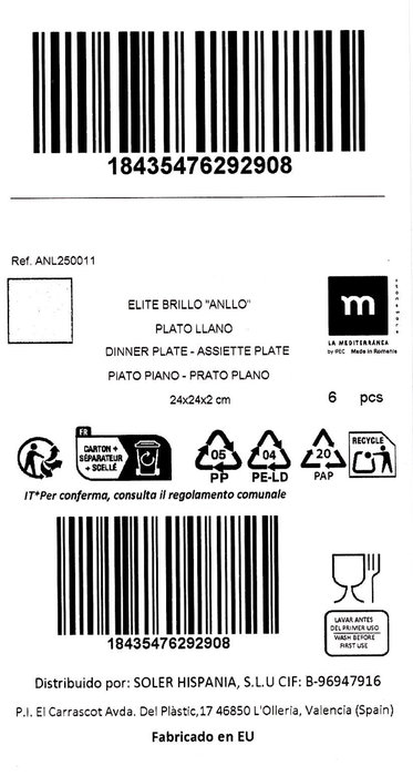 La Mediterranea Plato Llano 24 x 24 cm Elite Brillo (6 Unidades)