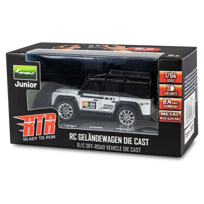 AMEWI 22678 Coche Todoterreno RC Die Cast 1:64 Metal Blanco, 2.4 GHz RTR con Batería Recargable, para +6 Años