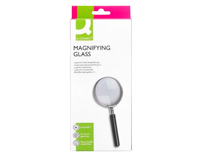 Q-connect Lupa Cristal Aro Metálico Mango Plástico Negro 75 mm 3 Aumentos