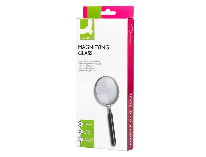 Q-connect Lupa Cristal Aro Metálico Mango Plástico Negro 75 mm 3 Aumentos