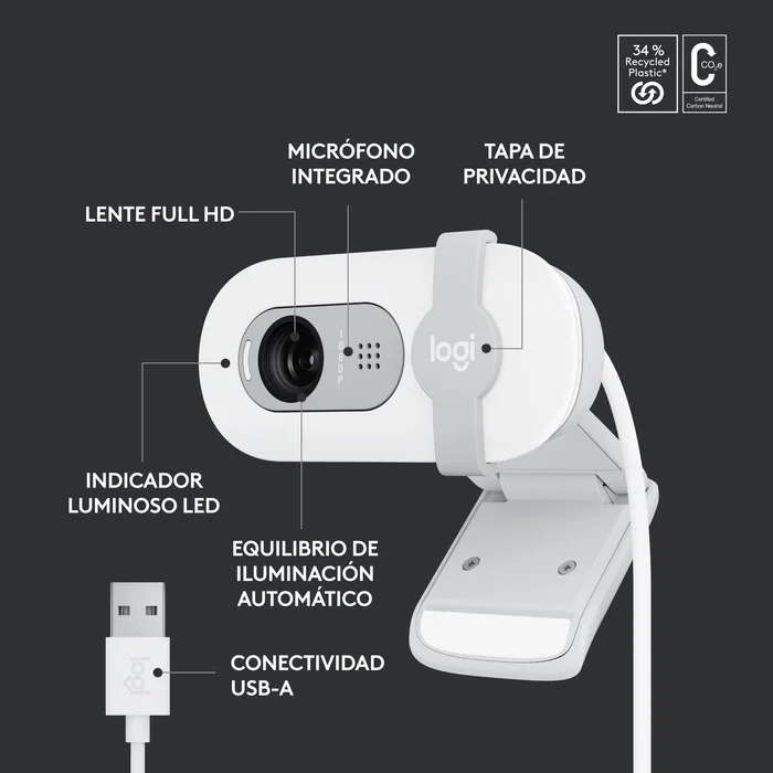 Logitech Brio 100 Webcam Full HD 1080p 2 MP USB con Micrófono Integrado y Tapa de Privacidad - Blanco (960-001617)