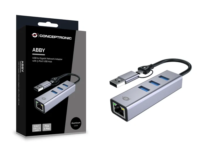 Conceptronic ABBY25G Adaptador de Red USB-C/A y Concentrador de 3 Puertos USB 3.2