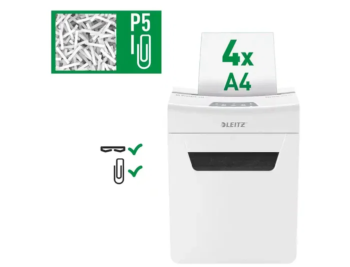 Leitz IQ Protect Premium Destructora de documentos 4 hojas P5 con papelera extraíble blanco/plata