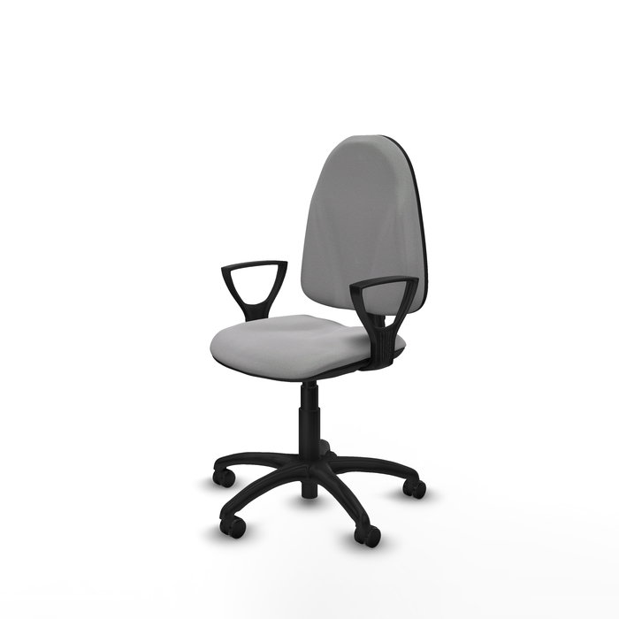 Silla de oficina Algarra con mecanismo Contacto permanente básico tapizada con Tela color Gris claro. Equipada con Base poliamida negra, Brazos fijos y Ruedas de parqué