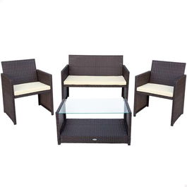 Aktive Conjunto Sofá (108x59x76 cm), 2 Sillones (59x76 cm) y Mesa (85x45x41 cm) Acero, Ratán, Cristal y Poliéster