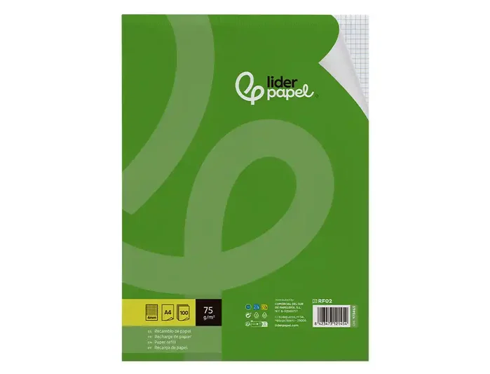 Liderpapel Recambio A4 100 Hojas 75gr Cuadro 4mm con Margen sin Taladros Din A4