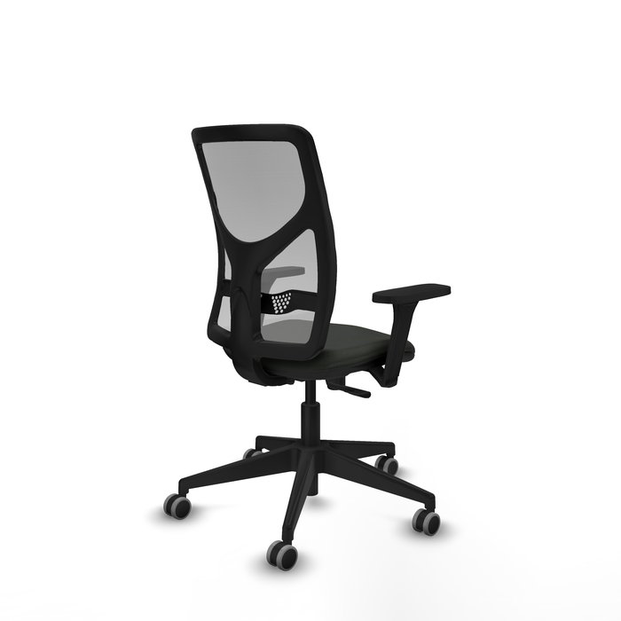 Silla de oficina Motilla con mecanismo Sincro tapizada con Tela color Negro y malla color Gris. Equipada con lumbar 1D, Brazos 3D y Ruedas 65 mm parqué