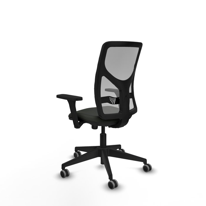 Silla de oficina Motilla con mecanismo Sincro tapizada con Tela color Negro y malla color Gris. Equipada con lumbar 1D, Brazos 3D y Ruedas 65 mm parqué