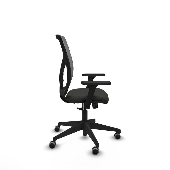 Silla de oficina Motilla con mecanismo Sincro tapizada con Tela color Negro y malla color Gris. Equipada con lumbar 1D, Brazos 3D y Ruedas 65 mm parqué