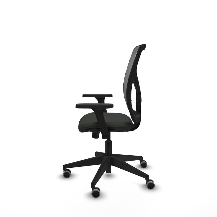 Silla de oficina Motilla con mecanismo Sincro tapizada con Tela color Negro y malla color Gris. Equipada con lumbar 1D, Brazos 3D y Ruedas 65 mm parqué