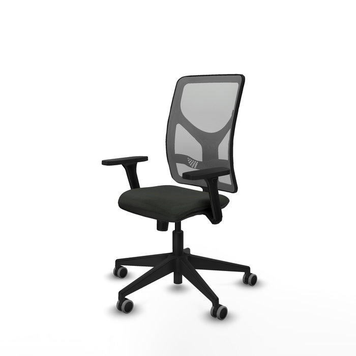 Silla de oficina Motilla con mecanismo Sincro tapizada con Tela color Negro y malla color Gris. Equipada con lumbar 1D, Brazos 3D y Ruedas 65 mm parqué