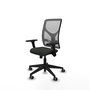 Silla de oficina Motilla con mecanismo Sincro tapizada con Tela color Negro y malla color Gris. Equipada con lumbar 1D, Brazos 3D y Ruedas 65 mm parqué