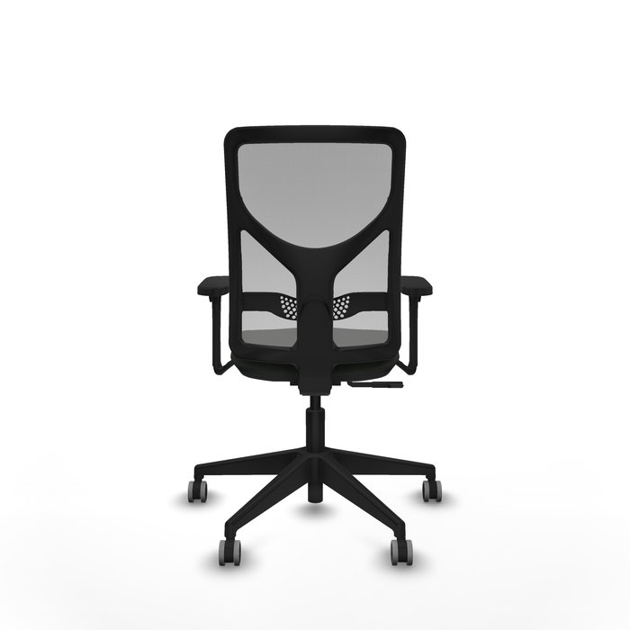Silla de oficina Motilla con mecanismo Sincro tapizada con Tela color Negro y malla color Gris. Equipada con lumbar 1D, Brazos 3D y Ruedas 65 mm parqué
