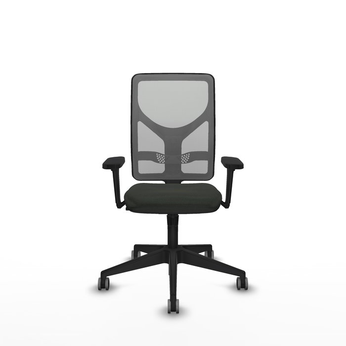 Silla de oficina Motilla con mecanismo Sincro tapizada con Tela color Negro y malla color Gris. Equipada con lumbar 1D, Brazos 3D y Ruedas 65 mm parqué