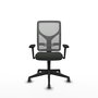 Silla de oficina Motilla con mecanismo Sincro tapizada con Tela color Negro y malla color Gris. Equipada con lumbar 1D, Brazos 3D y Ruedas 65 mm parqué