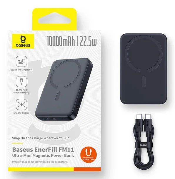 Baseus Enerfill FM11 Power Bank Ultra-Mini Magnético Magsafe Compatible 10000mAh 22.5W, Cable Type-C 0.3m Incluido, Negro, para EU