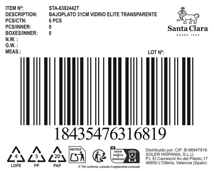 Inde Bajoplato de Vidrio Elite Transparente Staclara, Plato de Base para Mesa, 31 cm (Ancho 30.4 cm, Largo 30.6 cm, Alto 1.6 cm) (6 Unidades)